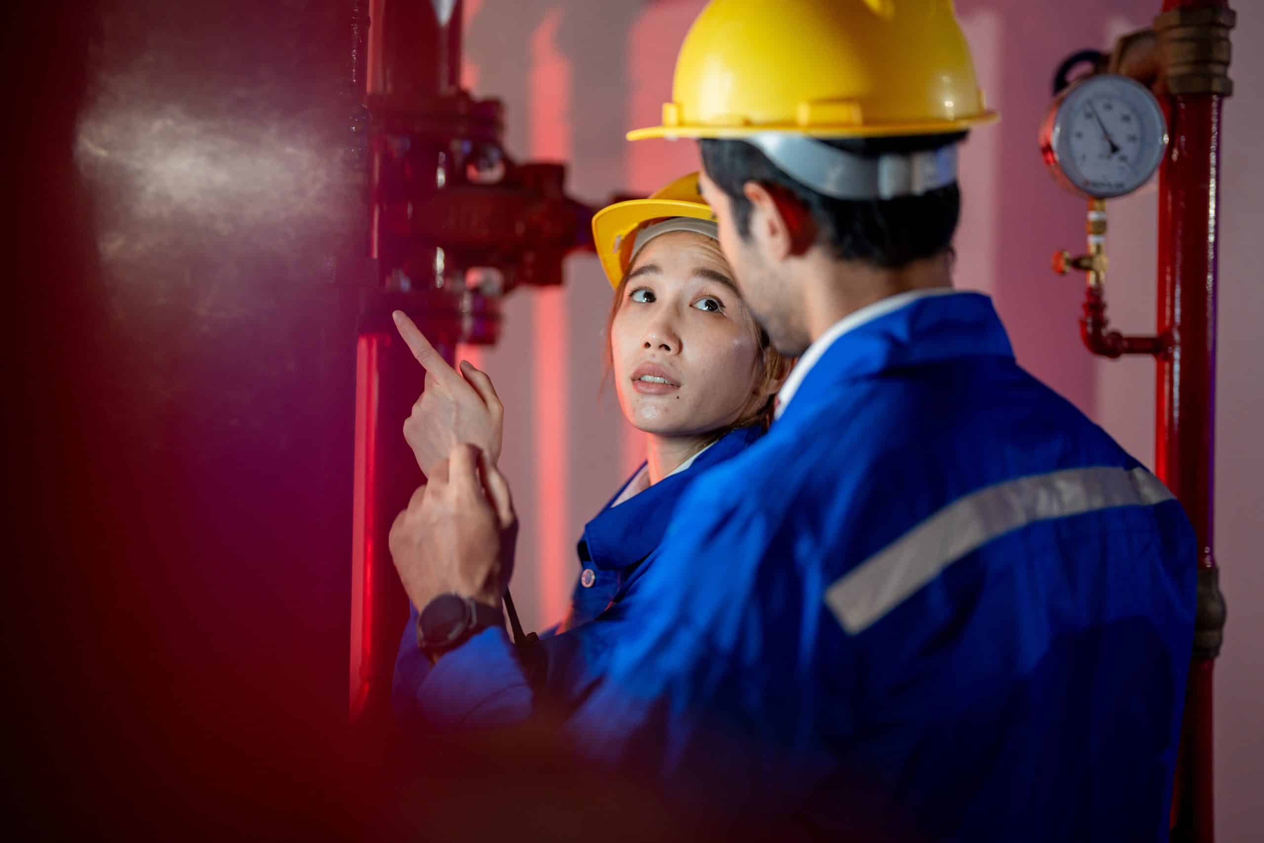 fire protection subcontractors examining pipes